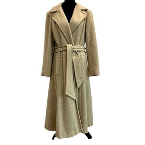 Vintage tan Brown beige oatmeal wool long maxi coat belted